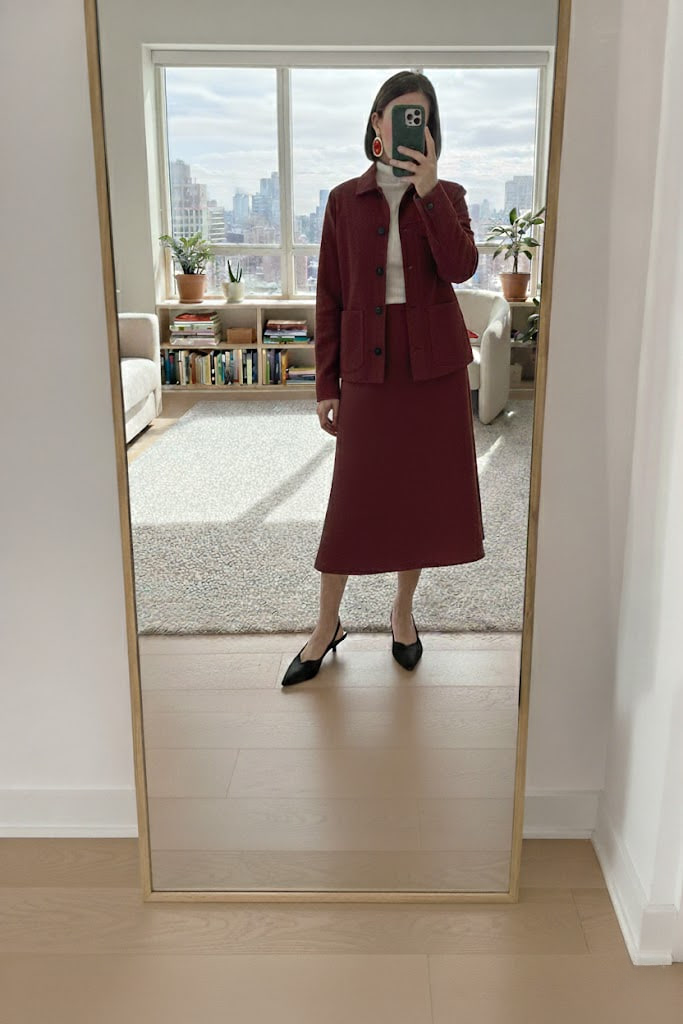 Burgundy matching jacket and skirt set with black slingbacks