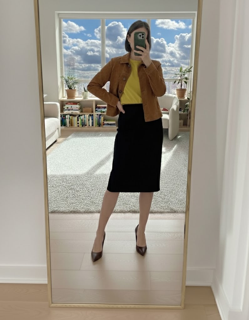Brown suede jacket with sunshine-yellow tee and fitted pencil skirt