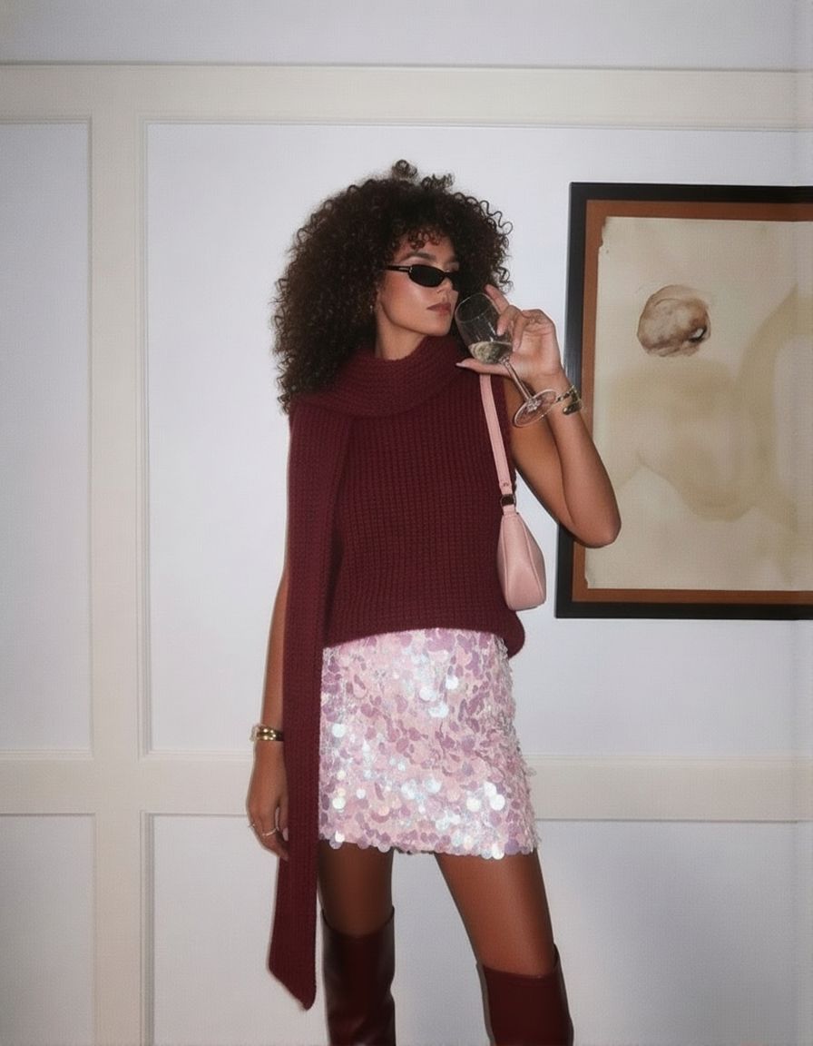 Lustrous After-Hours Allure outfit with chocolate off-shoulder top and sequin skirt