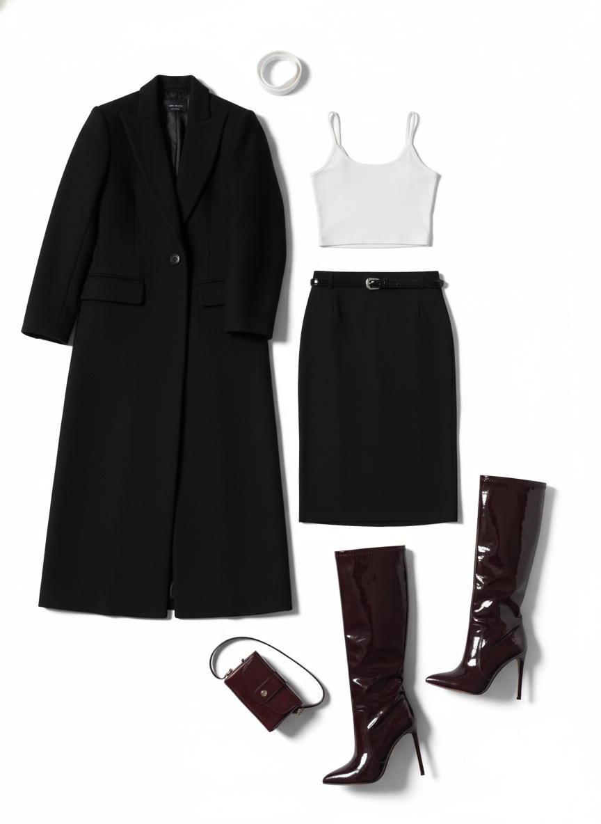 Winter siren in monochrome and lacquered accents outfit