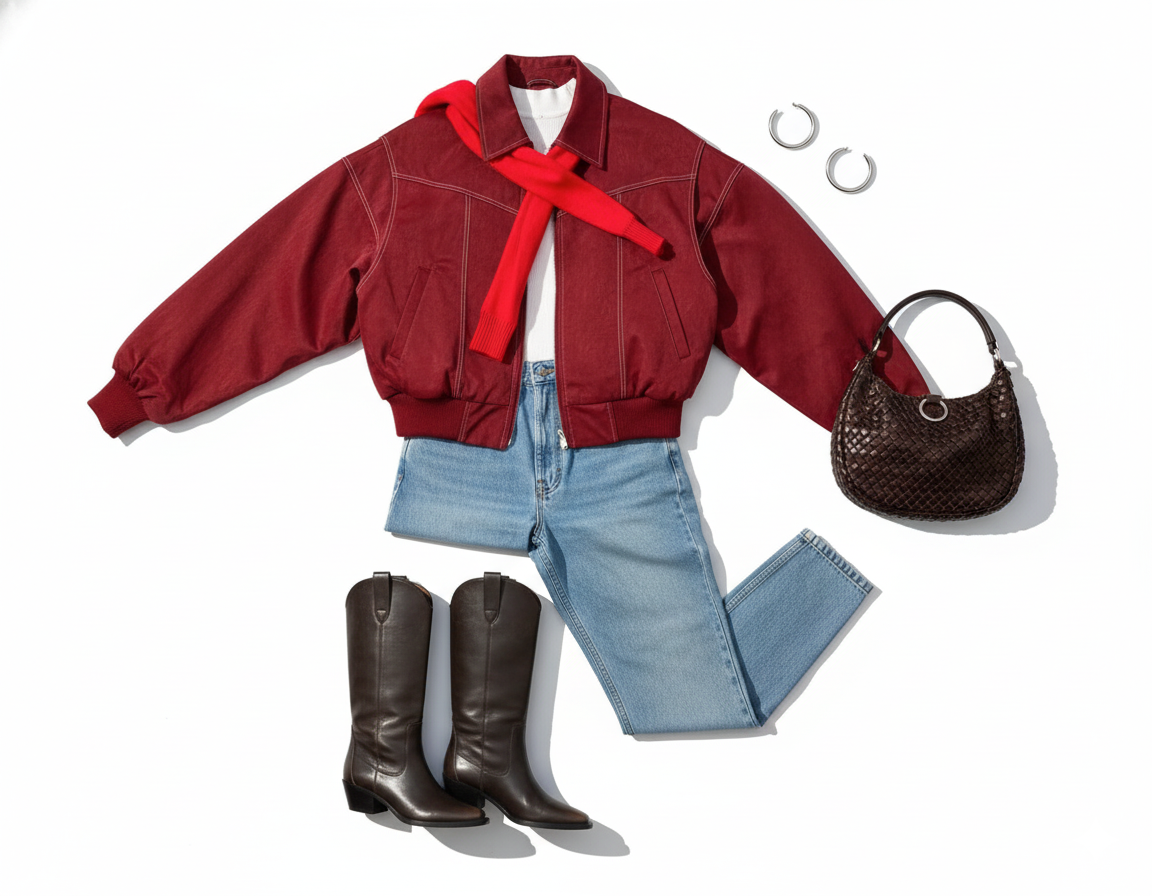 Red bomber and Western-inspired accents outfit