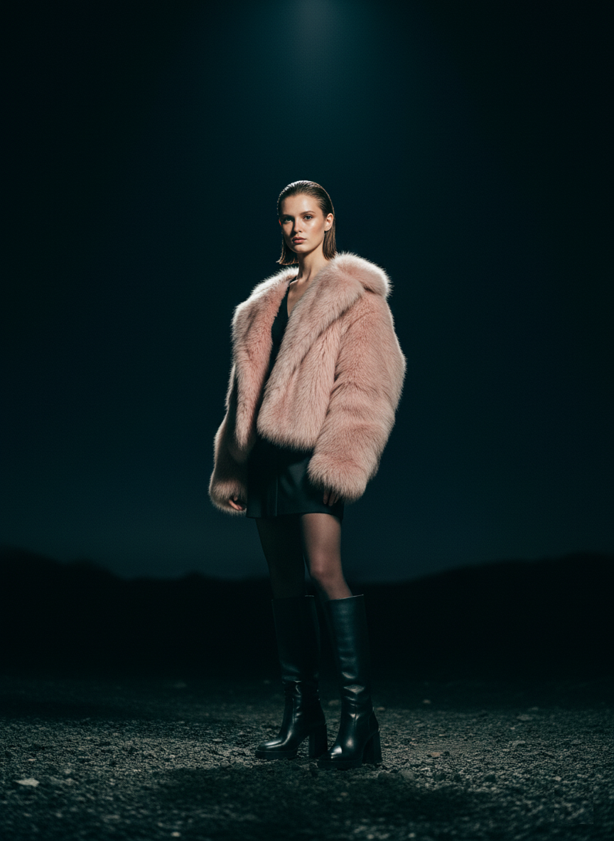 A plush faux-fur coat layered over a short black dress delivers instant impact