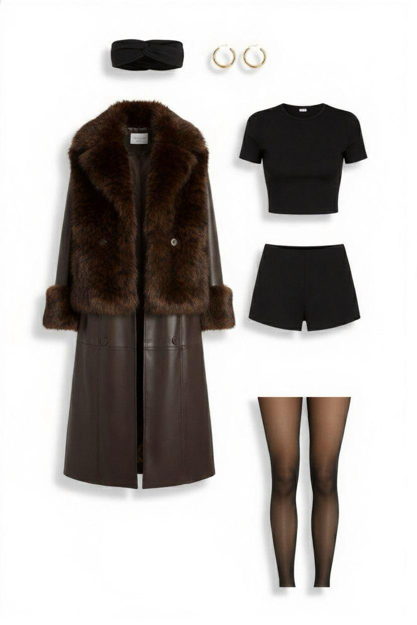 Dark Chocolate Chic outfit with leather coat and fur panels