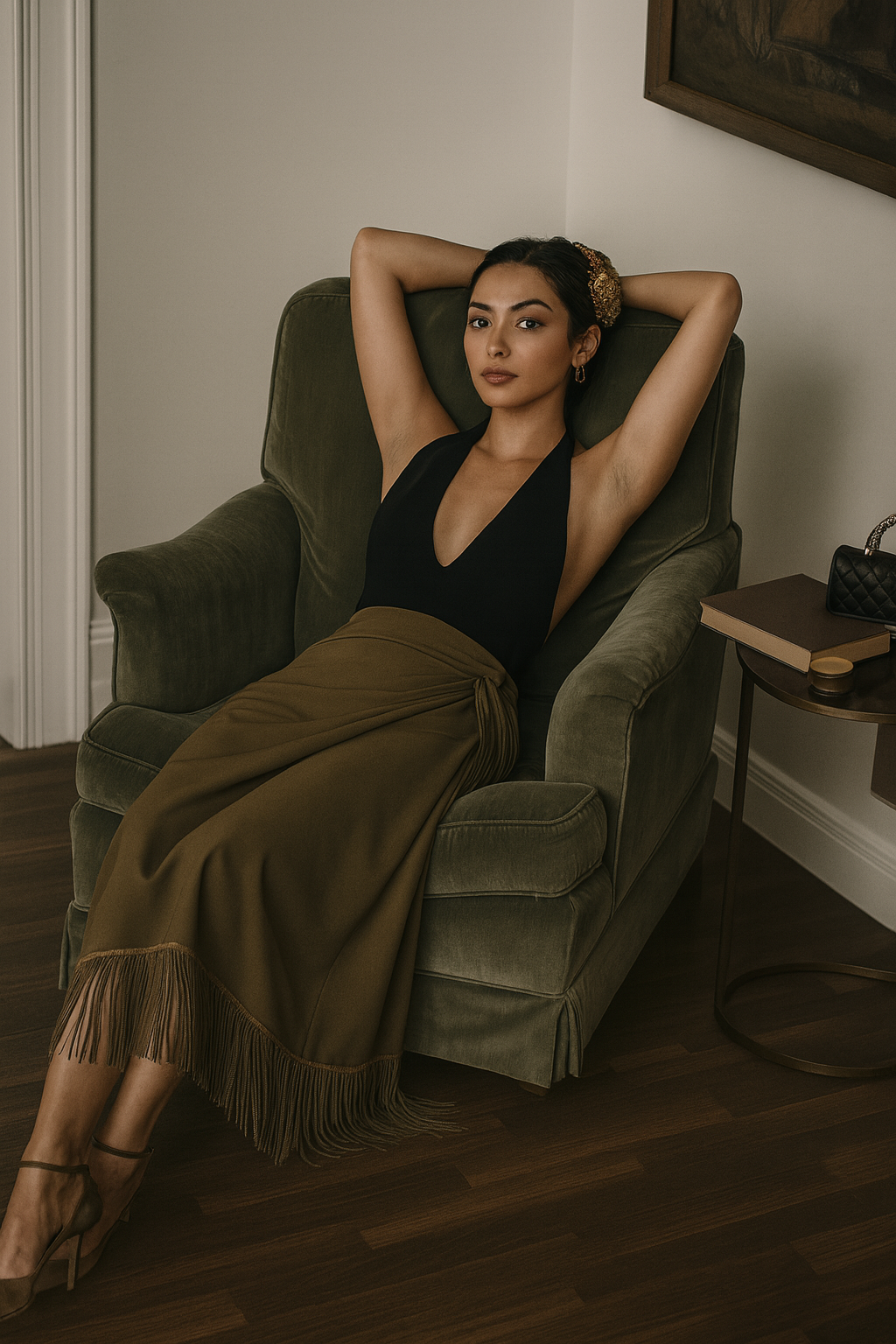 Modern Minimalism, Elevated outfit with deep neckline and olive draped skirt