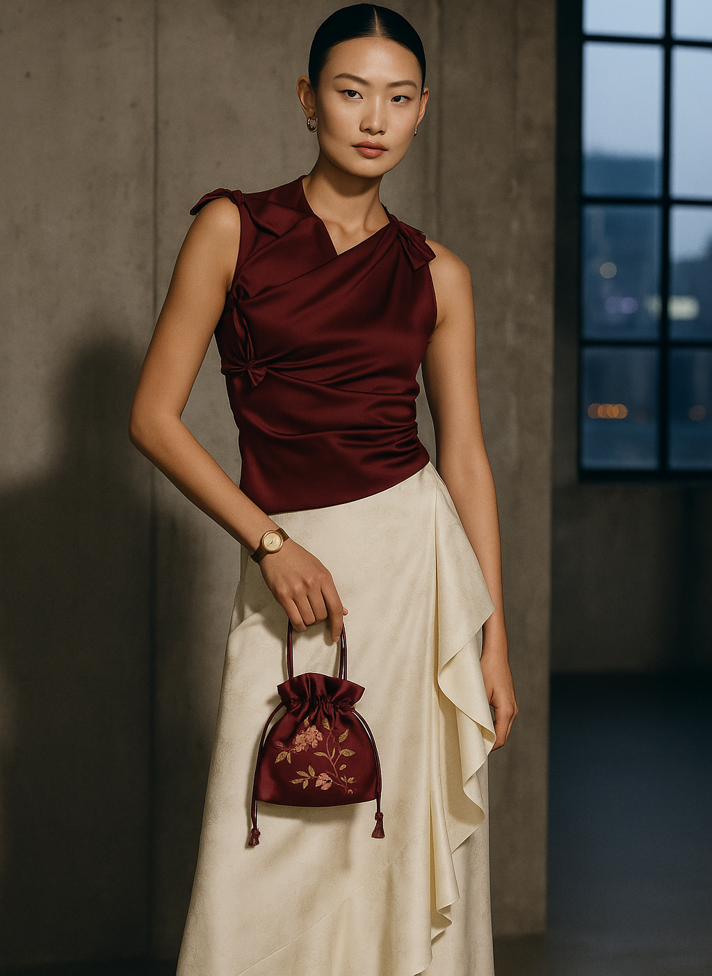 Refined Modern Romantic outfit with garnet top and ivory wrap skirt