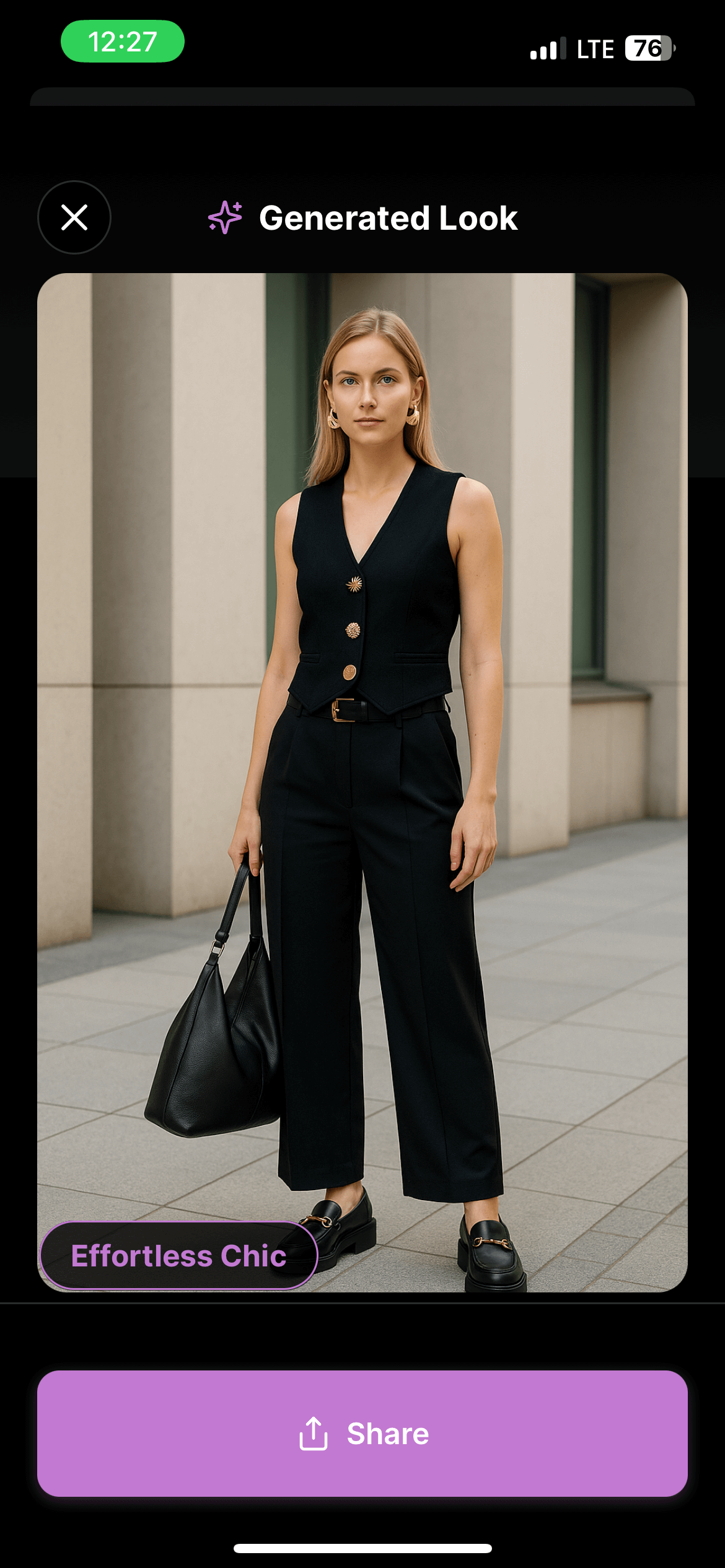 Seelq app preview showing outfit on model with personalized body type and shopping details